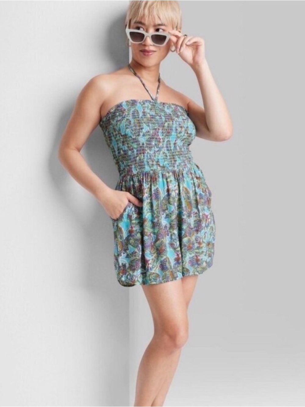 wild fable Teal Multicolor Strapless Smocked Mini Dress